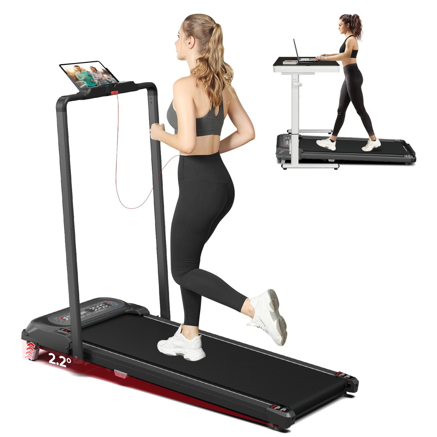 SubSun 2 in 1 Folding Treadmill, Walking Pad with Handle Bar, Under Desk Treadmill with 265 Lbs Capacity for Office, Remote Control, Grey