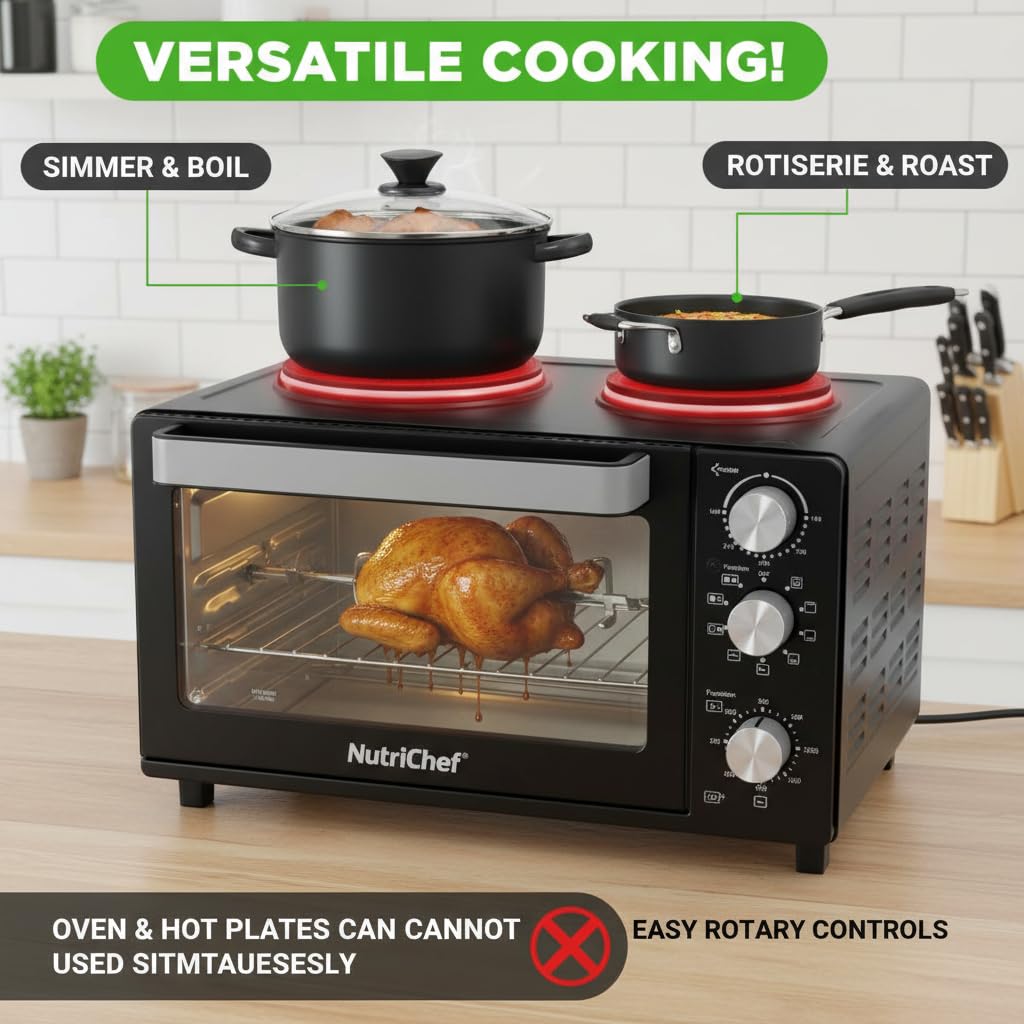 NutriChef 30 Quart Kitchen Convection Oven & 2 Burner Cooker - 1500 Watt Oven - 7 Cook Functions Rotisserie, Cook, Bake, Broil & More - Includes Baking Tray, Skewers & Handles - 19.6 x 16.0 x 13.5 IN