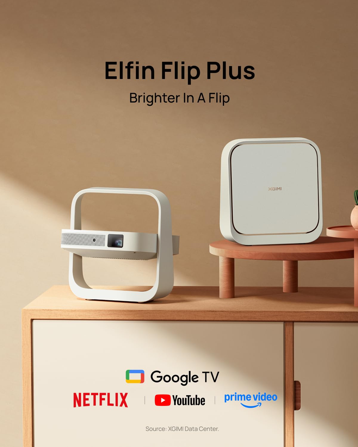 XGIMI Elfin Flip Plus Portable Projector, Google TV with Licensed Netflix, 500 ISO Lumens, 1080P Resolution Home Projector, Build-in Adjustable Stand, Lightweight and Compact Design, Screen Adaption