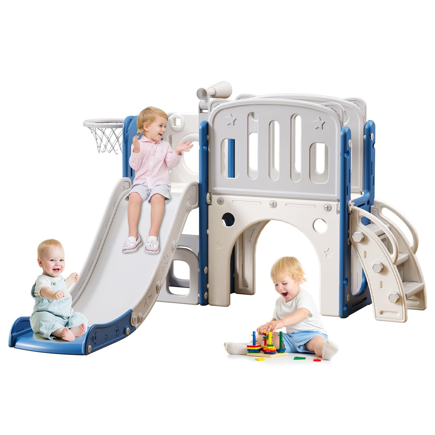 YUYUE 8 in 1 Toddler Slide for Toddlers Age 1-3, Extra-Long Slide with Basketball Hoop Indoor and Outdoor Baby Climber Playset Playground Freestanding Slide