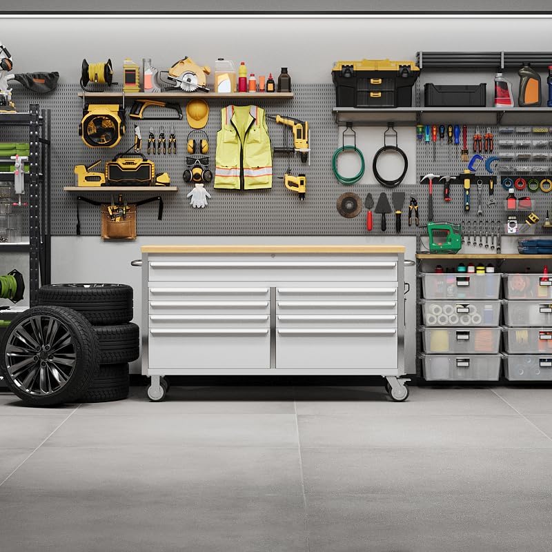 MilleLoom Tool Chest, 61 Inch Tool Box Mobile 9 Drawers Storage Rolling Cabinet with Wheels Lock Key Locking System Drawer Liners for Garage Warehouse Repair Shop, Sliver