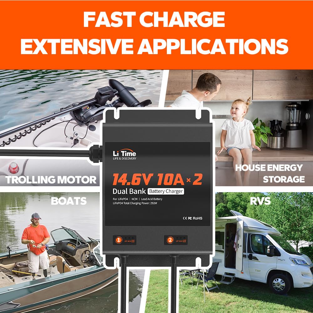 LiTime 2-Bank 10A (10A/Bank) Dual Smart Battery Charger, 14.6V LiFePO4 Battery Charger AC-DC Charger with Fuse, LED Indicator for RV, Boat, Motorcycle, Lawn Mower, Trolling motor and Lead Acid Battery