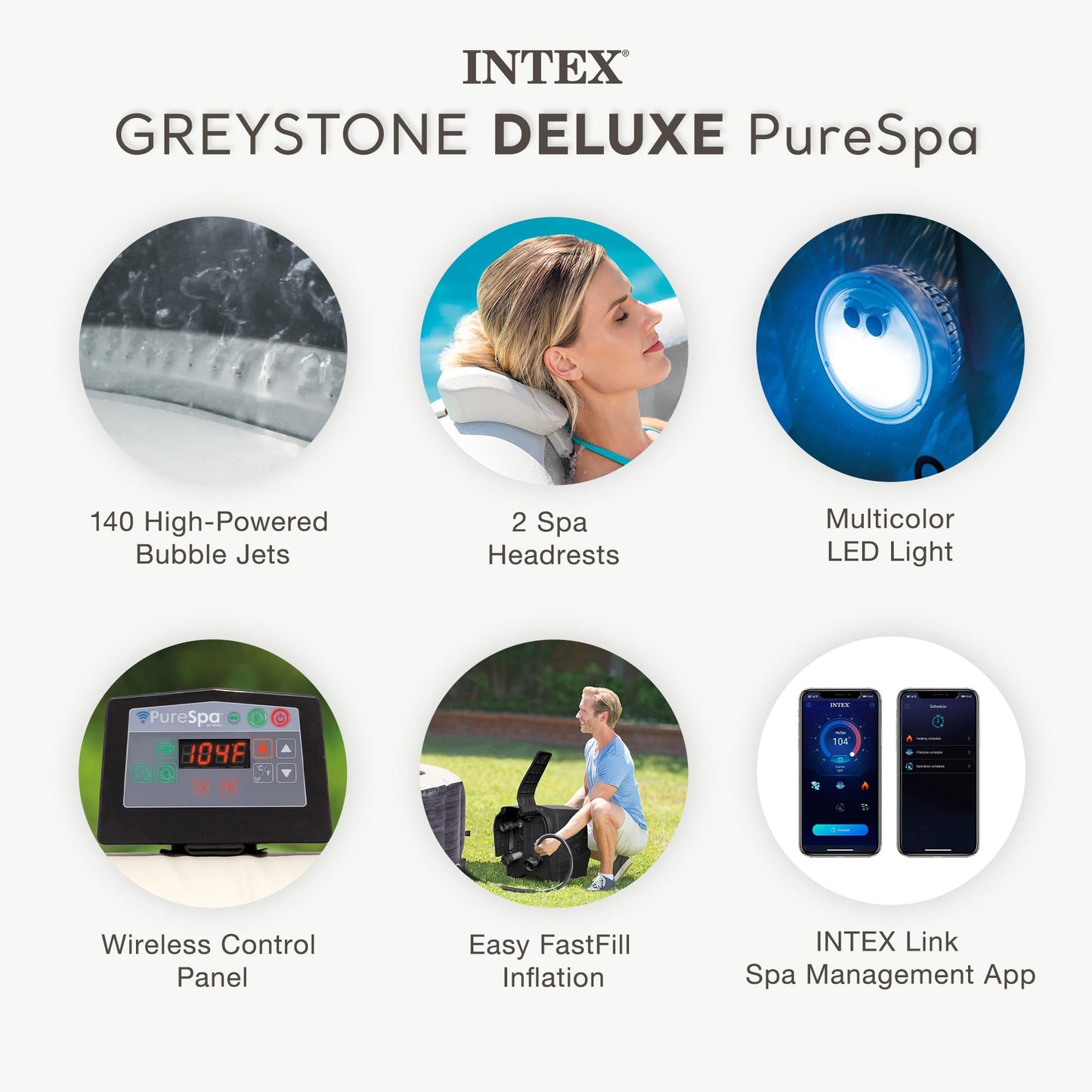 INTEX PureSpa Greystone Deluxe Inflatable Hot Tub, with with Built-in FastFill Inflation System, Spa Control App, and 4 Person Capacity, 83" x 28"