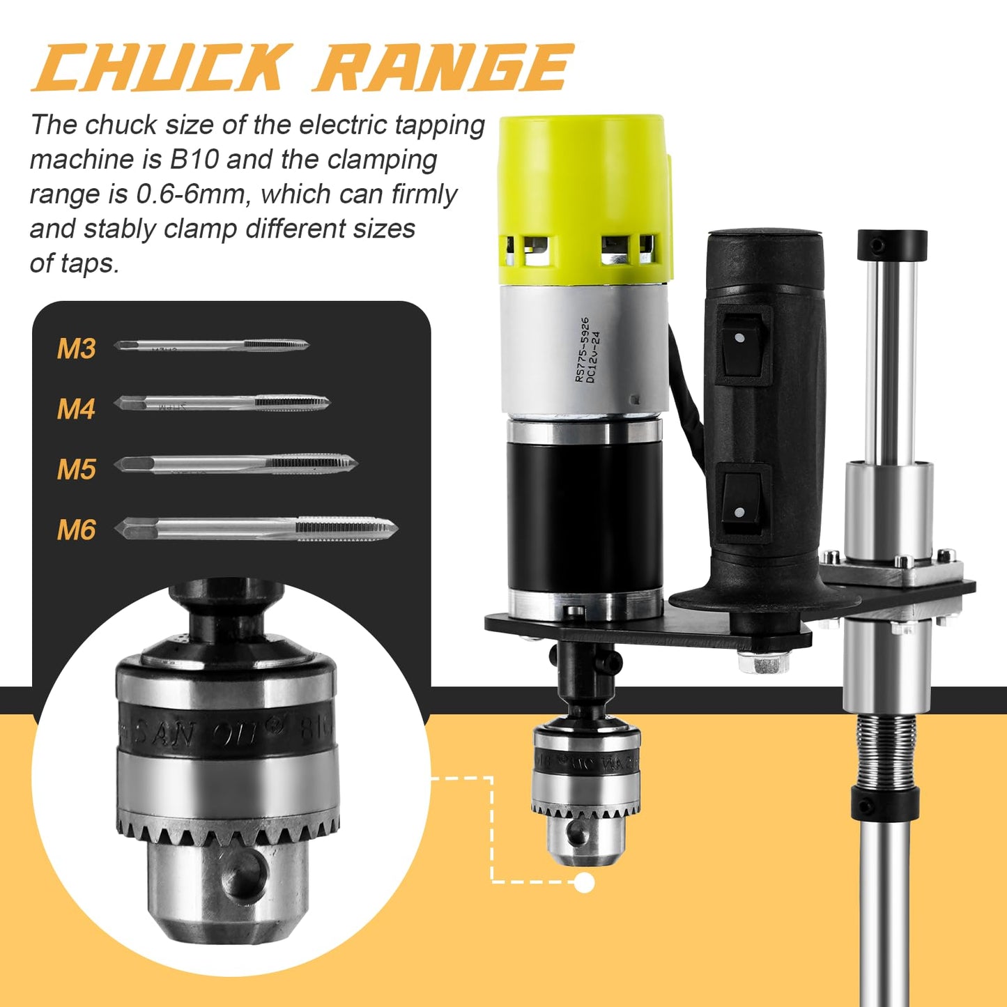 Consfly M3-M6 Electric Tapping Machine Vertical Tapping Tool with Bench Vice & 4 Taps Adjustable Tapper for Metal Wood Plastic 110V 100-200r/min