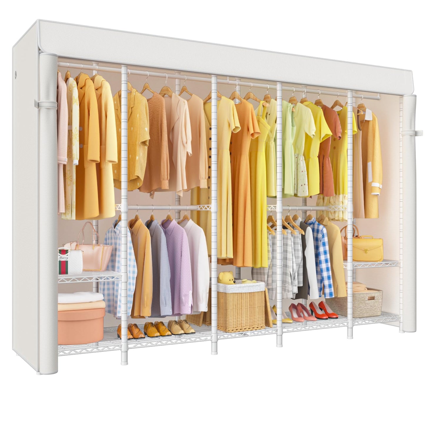 ULIFHOME H50C Extra Large Clothes Rack with Cover, Freestanding Portable Closet, Covered Clothing Racks for Hanging Clothes, Heavy Duty Garment Rack, Wardrobe Closet with White Cover Max Load 1350 Lbs