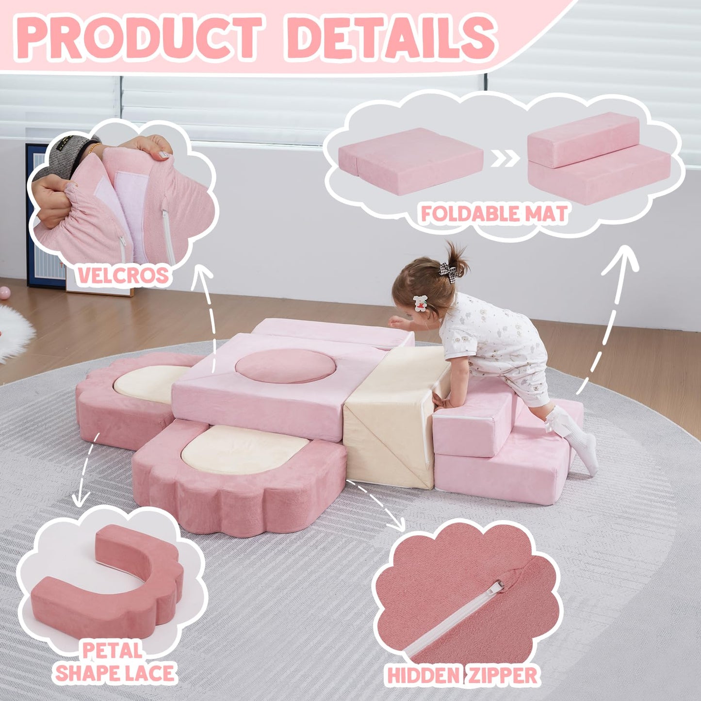 MOOZHEALTH 13 Pieces Foam Climbing Blocks for Toddlers|Floral Baby Soft Play Gym,Kids Indoor Crawing Climbers & Play Structures for Bedroom,Livingroom & Playroom,Pink & Beige