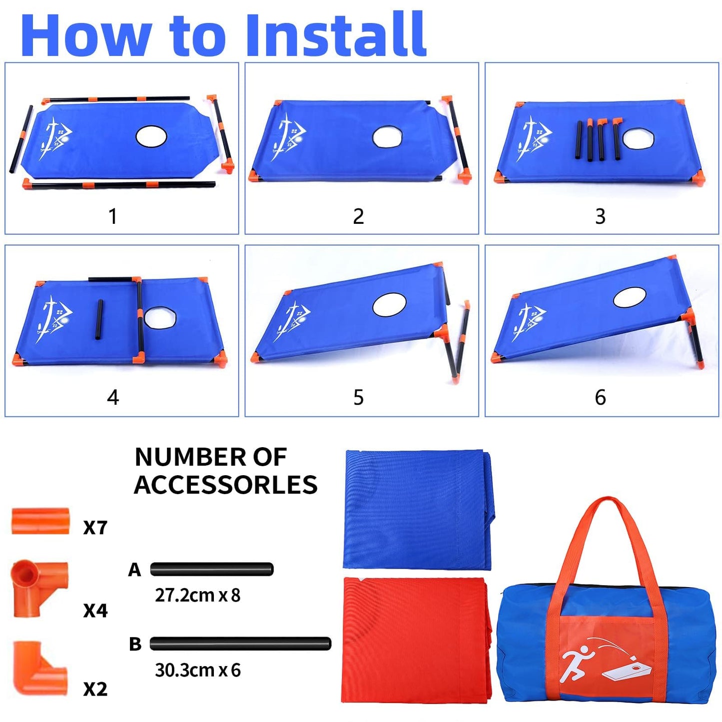 NZQXJXZ 3x2 ft Cornhole Board Set with 8 Bean Bags and Carrying Bag, Outdoor Toss Game Set for Kids and Adults, Portable Corn Hole Sets for Beach Lawn Backyard (Red and Blue)