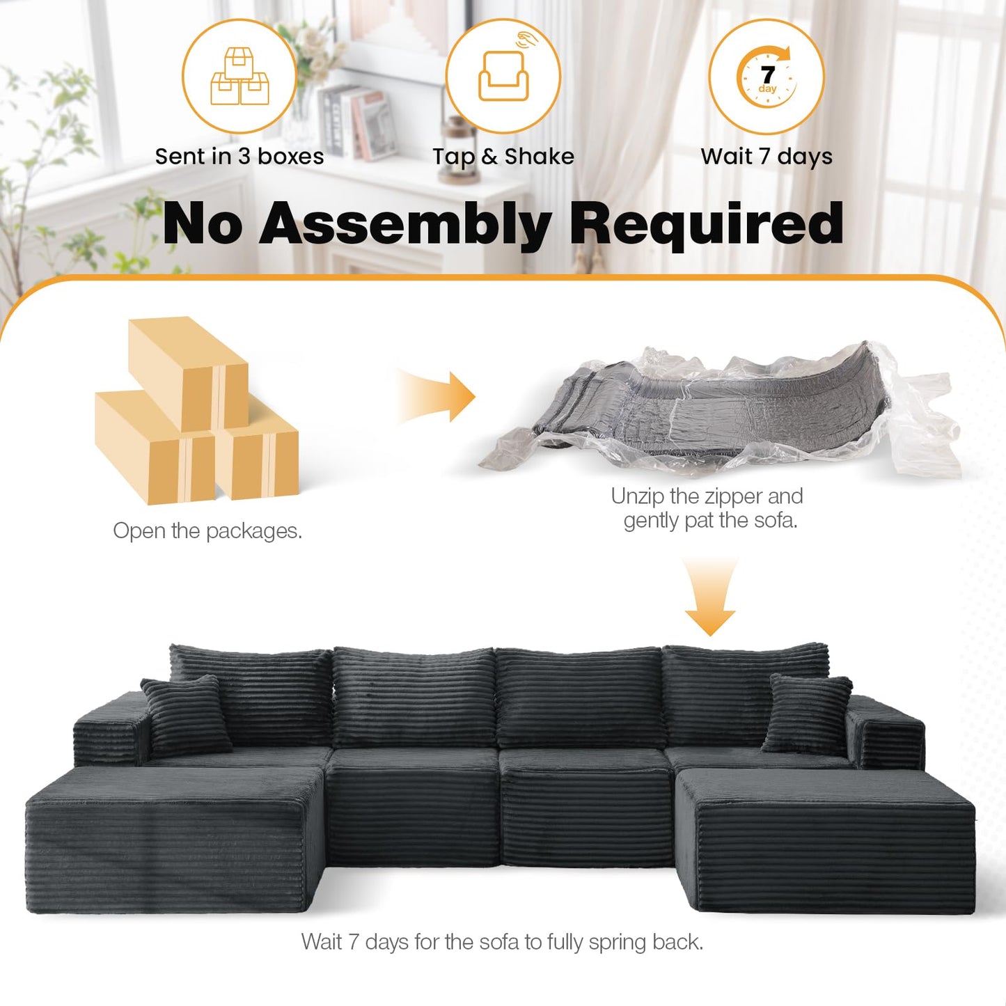136" U Shaped Cloud Couch Modular Sectional Sofa with Deep Seat, 6 Seater Corduroy Couches, Boneless Couch with 2 Removable Ottomans, Sectional Couches for Living Room, No Assembly Required, Grey
