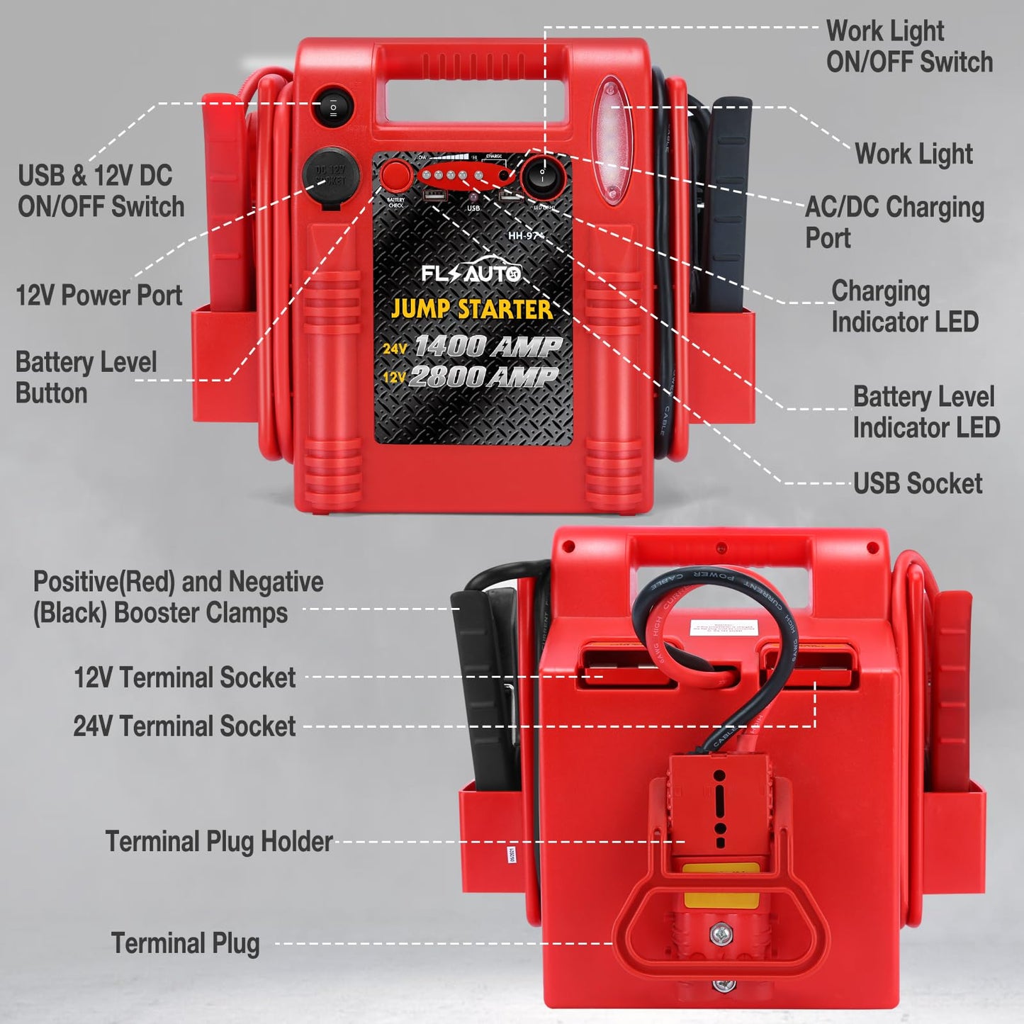 Car Battery Jump Starter - FlyAuto 2800/1400 Amp 12V 24V Heavy Duty Jump Box, Works with Truck Tractor Excavator Automotive Engine Starter Battery Charger Booster Jumper Box with USB/DC Power Unit