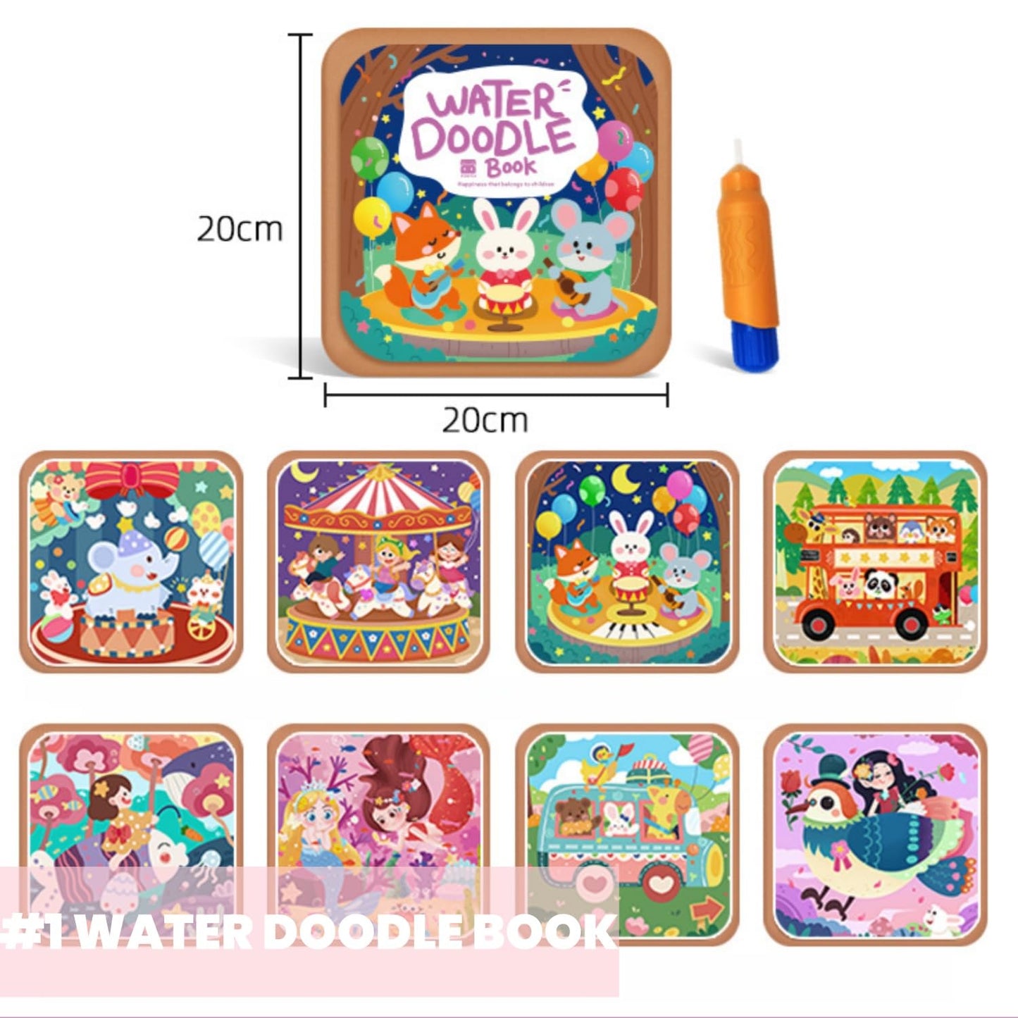 FZRMU Toddler Water Doodle Book Set for Ages 1-3, Mess Free Travel Activity Set with 2 Reusable Water Coloring Books, 1 Sticker Busy Book, Water Pens & Cards, Learning Toy for Car Rides Airplane