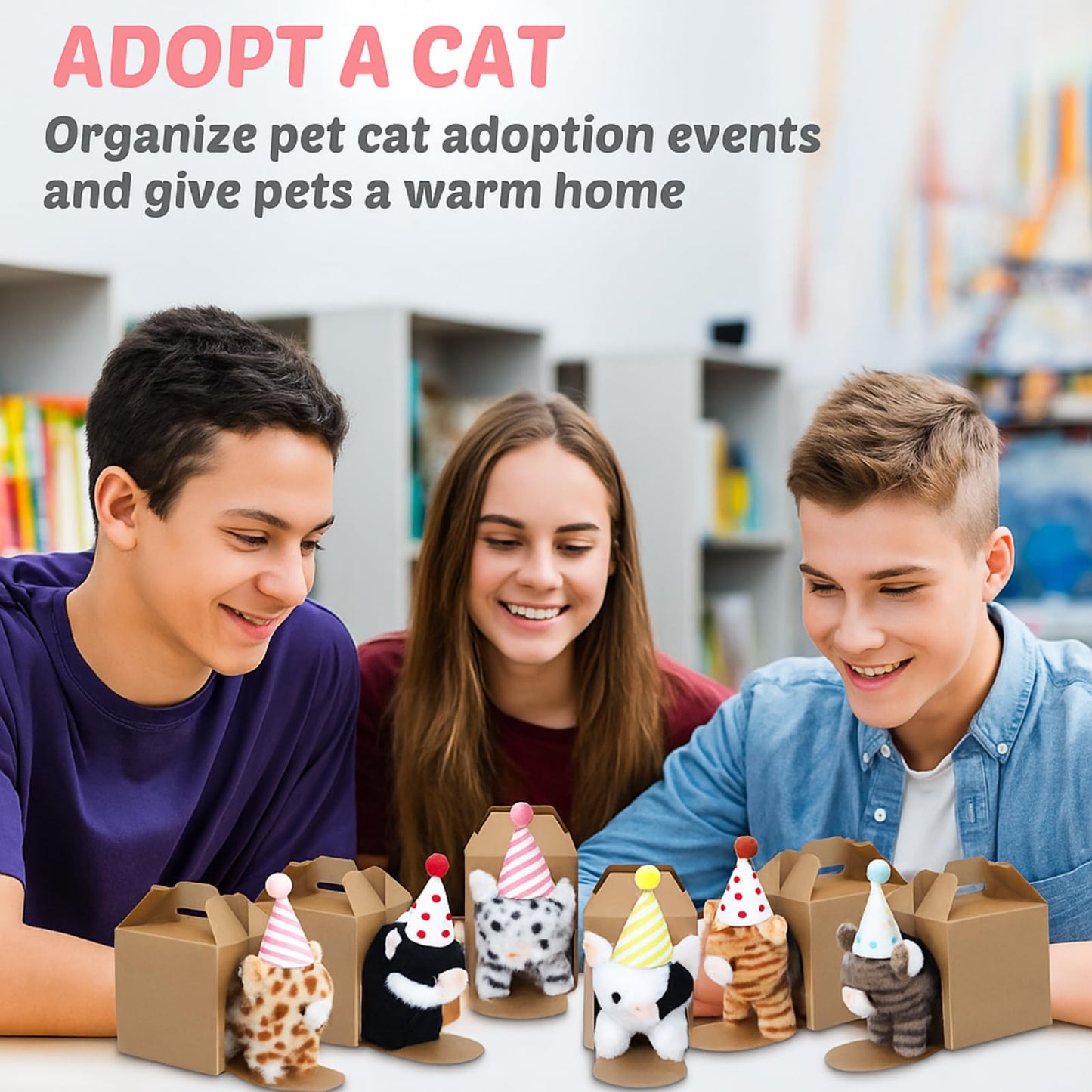 Motionchic 10 Set Kittens Stuffed Animals Bulk with 10 Birthday Hats 10 Kraft Paper Boxes Mini Plush Toys Small Stuffed Cat Pet Gifts for Kids, School Birthday Animal Decor(Standing Style)
