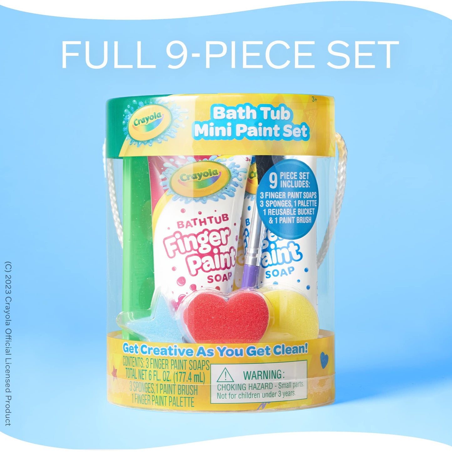Crayola Bath Tub Mini Paint Set 9 Piece Art Kit - Brushes, Sponges, & Wash Away Finger Paints, Blue Yellow & Red Color Tub Fingerpaints