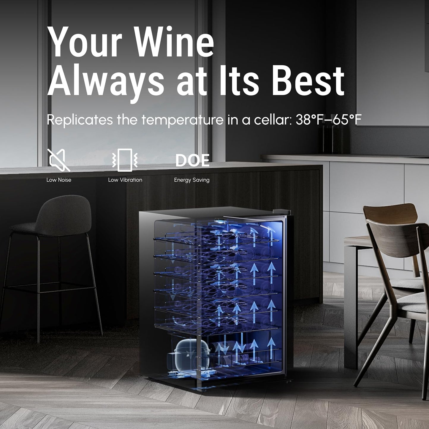 Yeego Wine Fridge – 46 Bottles Wine Cooler, 38–65℉ Digital Control with Double Glass Door & LED Light, Freestanding Wine Fridge Under Counter for Home Bar and Kitchen