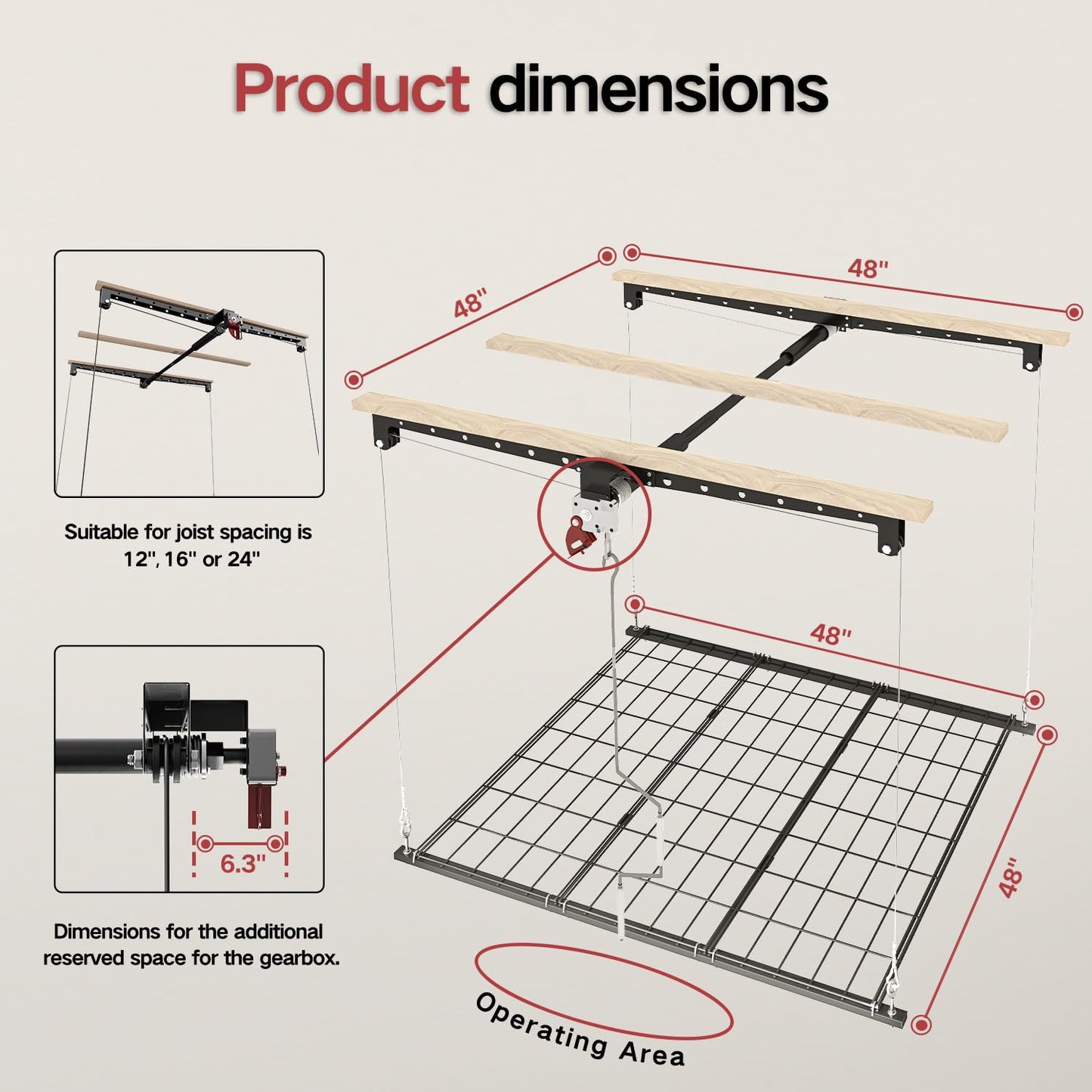 Overhead Garage Storage Rack, Heavy-duty 4x4 Ft Ceiling Storage Racks with Safety Lock, Ideal for Garage Storage Mounted Lift System and Storage Organizer, 250lbs Capacity, Black (10-12 ft Ceiling)