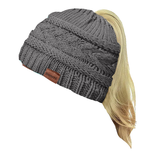 Rosoz 2 Pack Ponytail Beanie for Women,Winter Warm Beanie Tail Soft Stretch Cable Knit Messy High Bun Hat