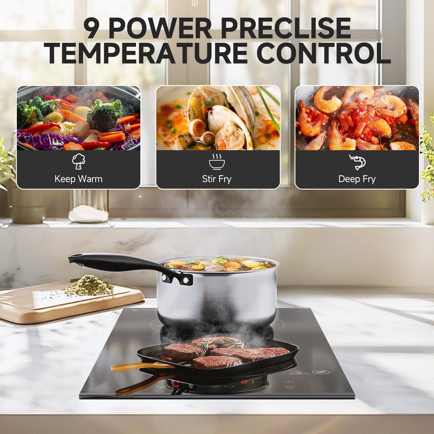 AMZCHEF Induction Cooktop 2 Burners, 12 Inch Bulit-in & Countertop Induction Stove with Plug 110V-120V, 9 Power Levels Electric Stove 1800W, Safety Lock, Timer, Touch Control for Fast Cooking