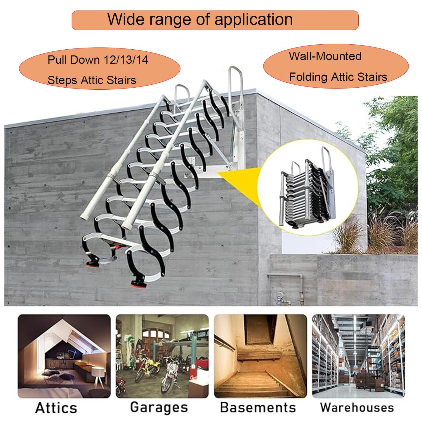 10FT Wall Mounted Retractable Attic Ladder, Folding Loft Stairs with 2 Handrails & Pull-Down System, Extra Wider Attic Stairs for Indoor, for Indoor, Garage, Basement, Storehouse, 660lb (12 Steps)