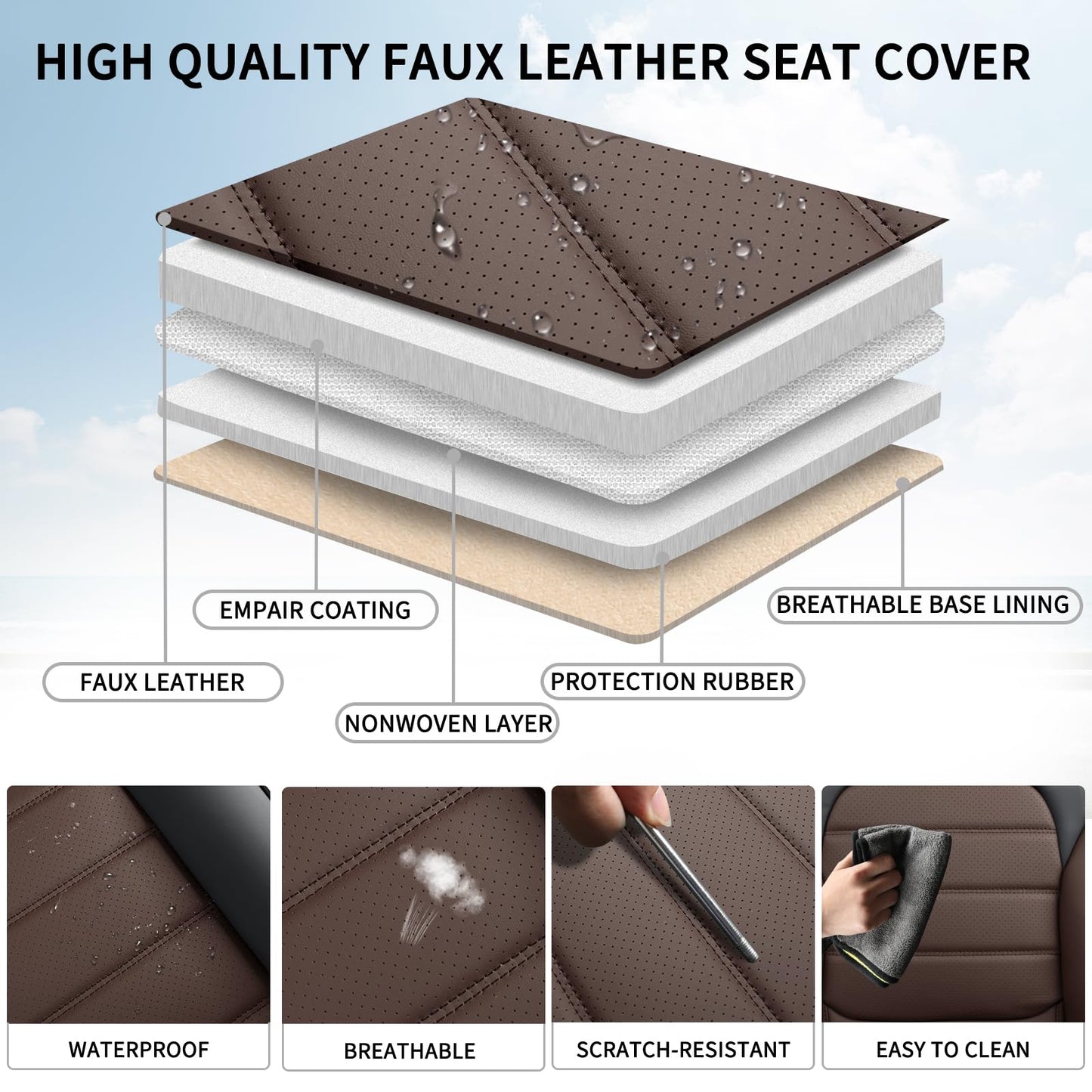 COVER EMPIRE Car Seat Covers Full Set, 5 Seats Universal Leather Seat Covers for Cars, Waterproof Front and Rear Seat Cover, Breathable Automotive Seat Cover for Most Sedans, Trucks, SUVs, Black&Brown