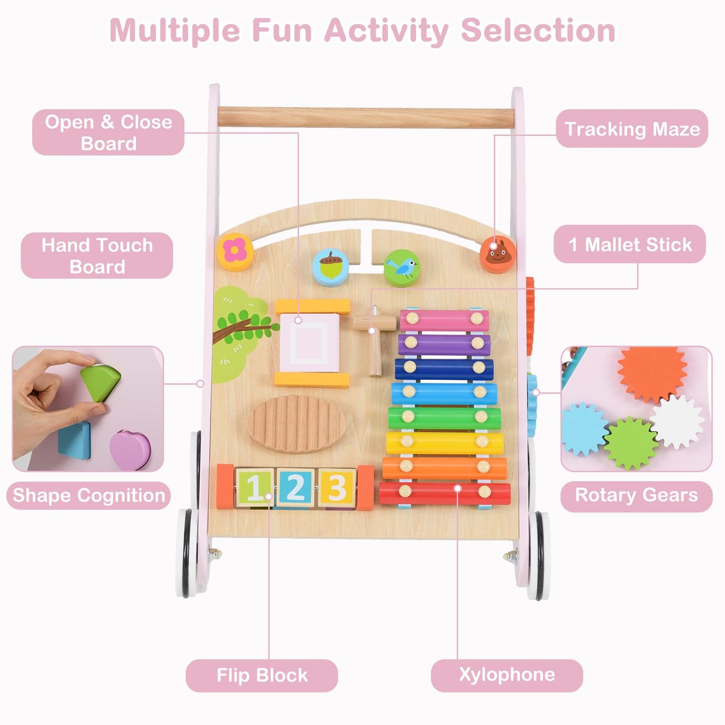 INFANS Wooden Baby Walker, Montessori Walker with Multiple Activity Toys, Storage, Push Walker Toys for Infant Learning to Walk, Sit to Stand Walker for Boys Girls