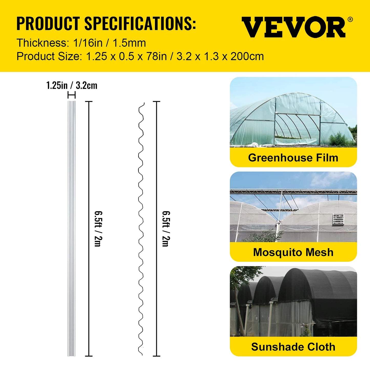 VEVOR Greenhouse Spring Wire and Lock Channel 50 Packs, 6.56 ft PE Coated Aluminum Alloy Bundle Kit, Plastic Poly Film or Shade Cloth Attachment w/Screws, Silver