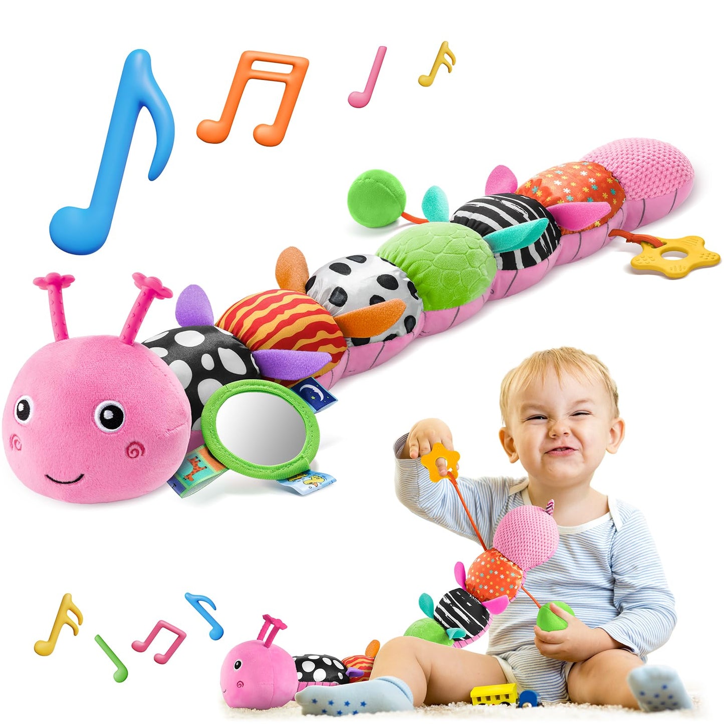 HEMRLY Baby Sensory Toy 0-6 Months, Musical Stuffed Caterpillar Plush with Teether, Crinkle, Rattle, Baby Mirror for Tummy Time, Infant Car Seat Toy for 0-3-6-12 Month Boys Girls Gifts - Winged Pink