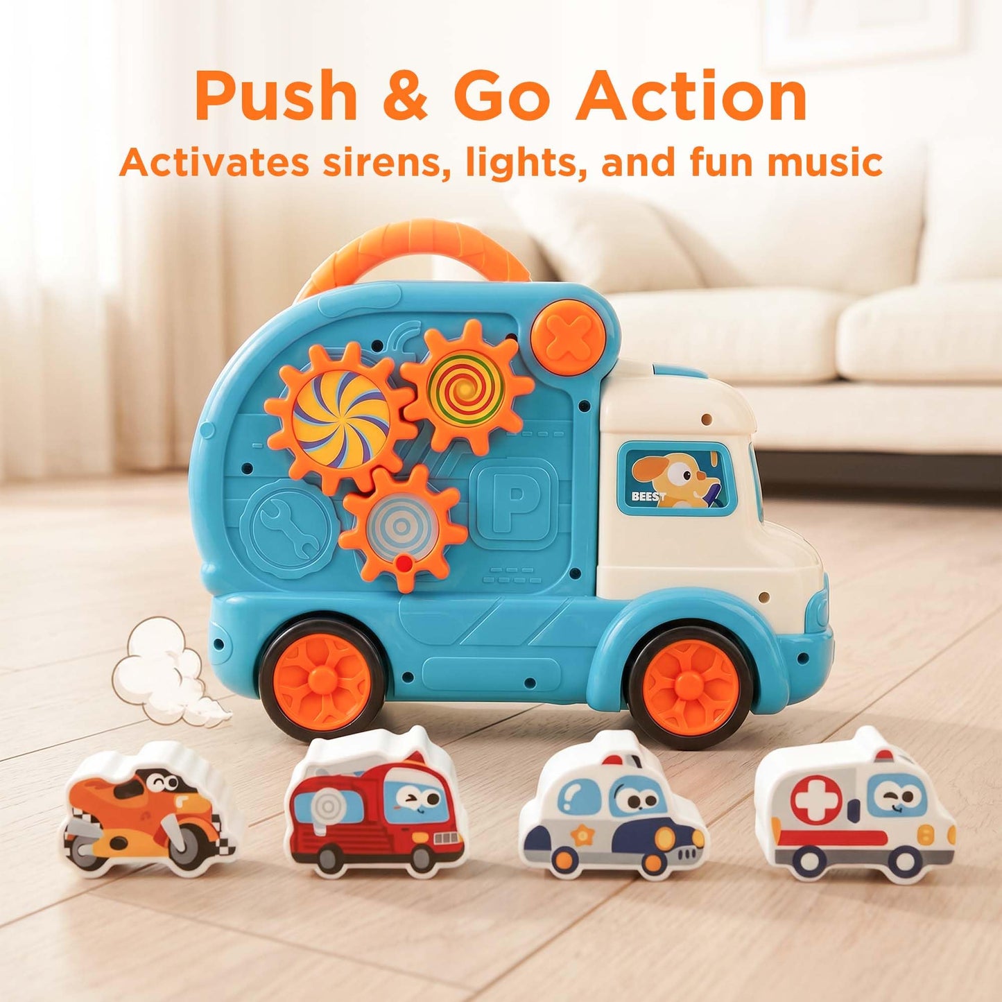 iPlay, iLearn Toddler Bus Toy W/ 3D Matching Puzzle & Car Slide, Baby Musical Push Go Car W/Sound, Montessori Learning Vehicle Match Game, Birthday Gift 18 24 Month 1 2 3 Year Old Infant Kid Boy Girl