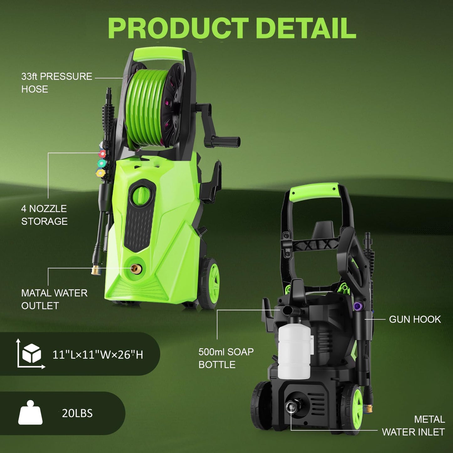 commowner 5000PSI Electric Pressure Washer, 2026 New Power Washer with 33FT Flexible Extension Pressure Washer Hose Reel, 4 Nozzles, Professional Powerwashers for Home/Car(Green)