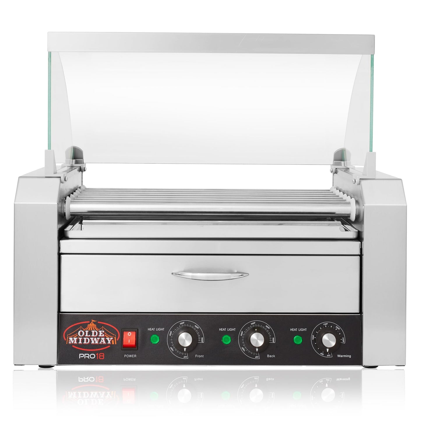 Olde Midway Electric 18 Hot Dog 7 Roller Grill Cooker Machine with Bun Warming Drawer and Cover - Commercial Grade, Stainless Steel
