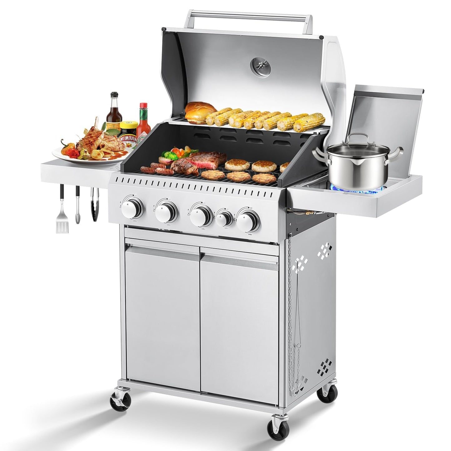 MELLCOM Stainless Steel 4 Burner BBQ Propane Gas Grill with Cast Iron Grates & Side Stove, Stainless Steel 44000 BTU Burner Barbecue Grill for Patio,Camping, Outdoor Cooking
