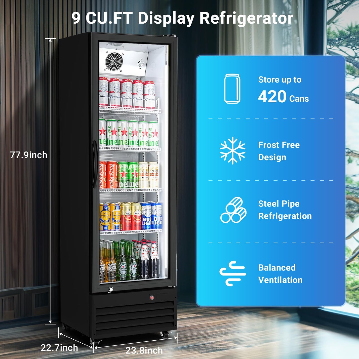 BODEGACOOLER Commercial Beverage Refrigerator with Glass Door,12.5 Cu.Ft Display Merchandiser Drink Refrigerator,Upright Commercial Bar Fridge,Display Drink Cooler,Soft LED Light,Romovable Shelves