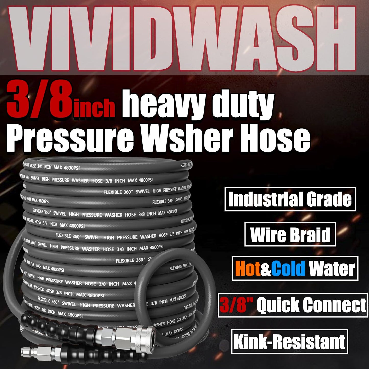 VIVIDWASH Kink-Resistant 3/8" Pressure Washer Hose 4800PSI(150FT),Steel Wire Braided Wear Resistant Rubber for Commercial, Industrial and Residential Use,Hot&Cold Water Hose with 3/8" Quick Connect