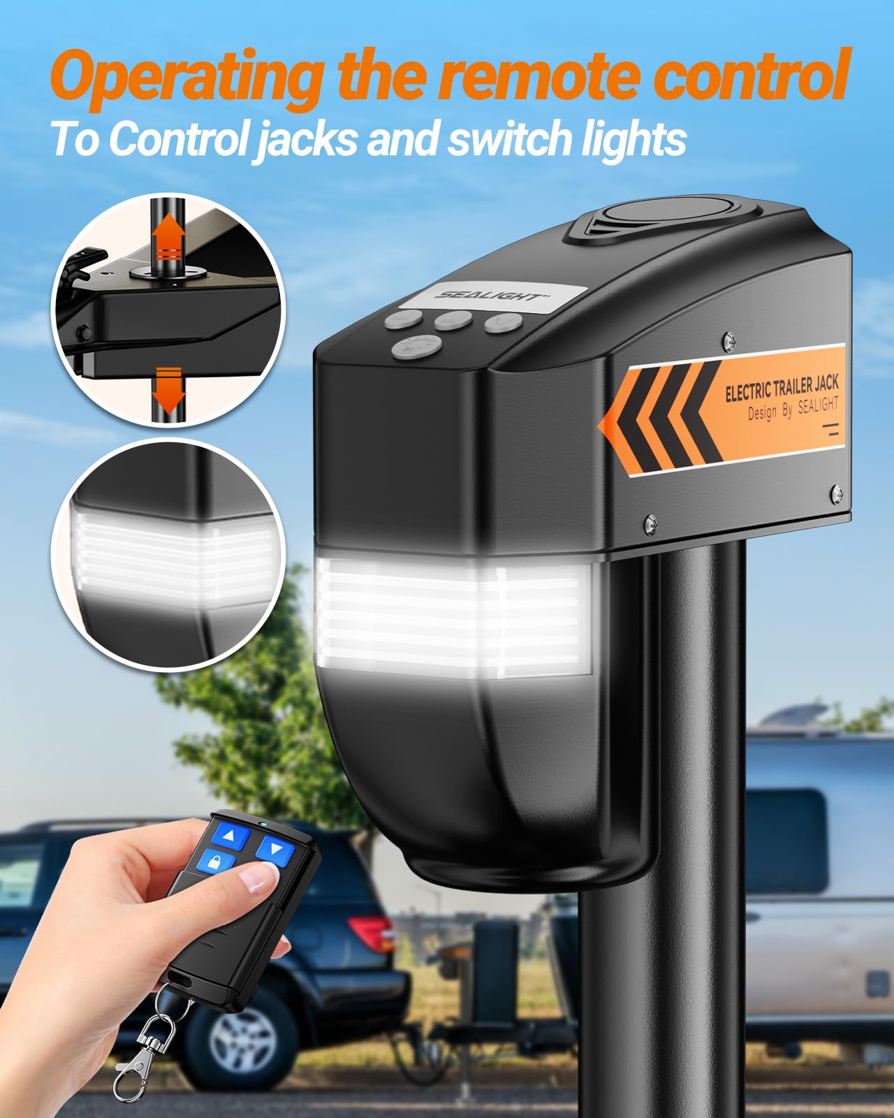 SEALIGHT 7500LB Electric Trailer Jack with Remote Control,Range up to 30 Meters，Electric Tongue Jack, 9.84“-33.85“ Lift, Power Jack for A-Frame, Utility and RV Trailer,12V DC and LED Light