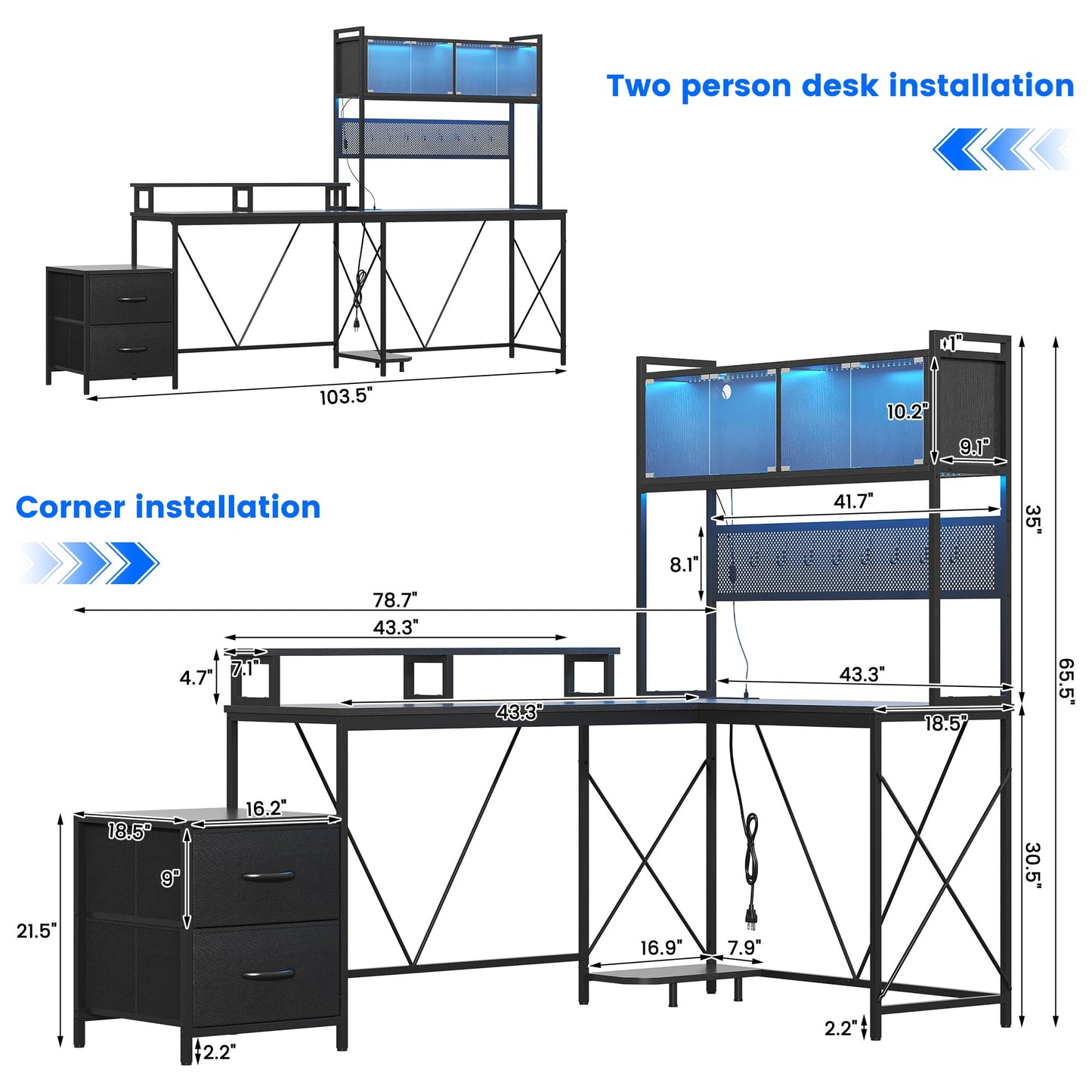 kepptory L Shaped Gaming Desk with DIY Pegboard, Home Office Computer Desk with Raised Display Stand, 2 Drawers and LED Glass Cabinets, Corner Desk with Printer Desktop&Power Outlet, Black