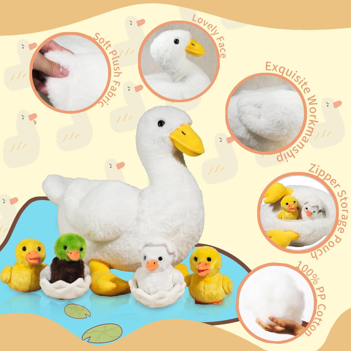 XYHQYB 7 in 1 Duck Stuffed Animal, 12" Zippered Mommy Stuffed Duck Toy with 4 Baby Ducklings and Eggs, Soft White Duck Plushie Pillow for Kids Christmas Birthday Gift Farm Party
