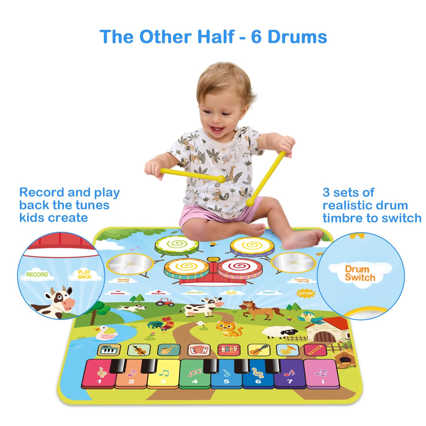Foki Piano Mats, 3-in-1 Animal Musical Play Mat with Piano & Drum for Montessori Sensory Early Educational Musical Learning Toys, Ideal Birthday Toy for Baby Girls, Boys, Toddlers, Ages 1-5 Years Old
