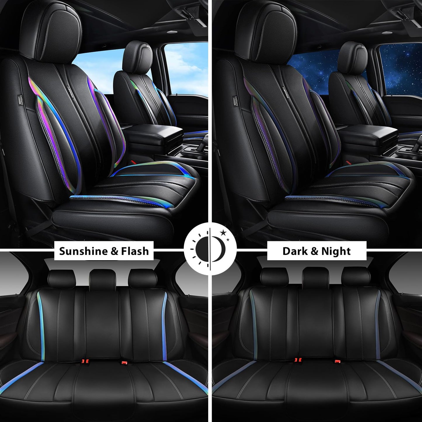 CAR PASS Nappa Leather Car Seat Covers, Durable Waterproof Luxury Universal for SUV Pick-up Truck Sedan, Anti-Slip Driver 5 Seats Covers Full Set with Backrest (Black Chameleon Iridescent Reflective)