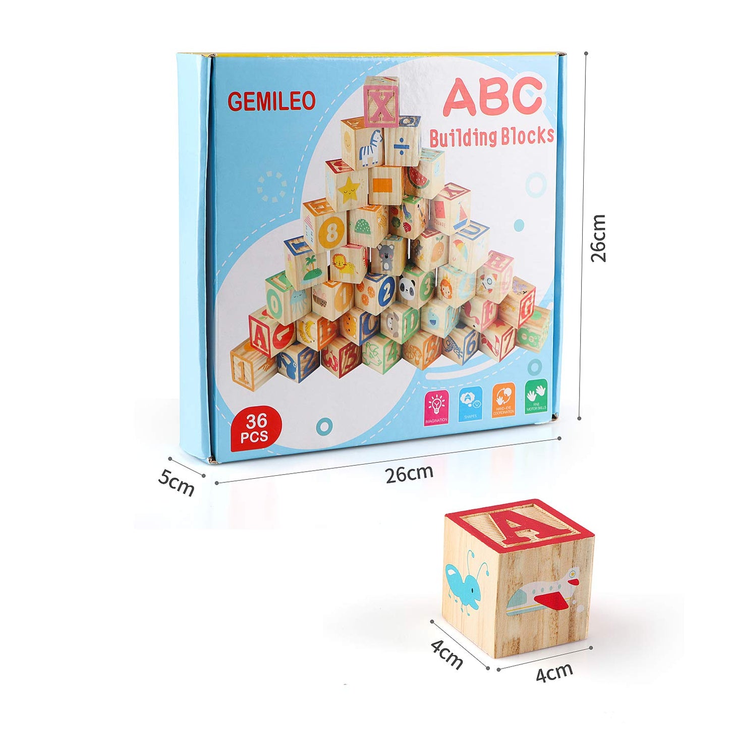Gemileo Wooden ABC Toy Building Blocks for Toddlers 1-3 36 PCS Wood Alphabet Number Blocks for Stacking Learning Preschool Educational Montessori Sensory Toys for Kids Boys Girls Gifts 1.7"