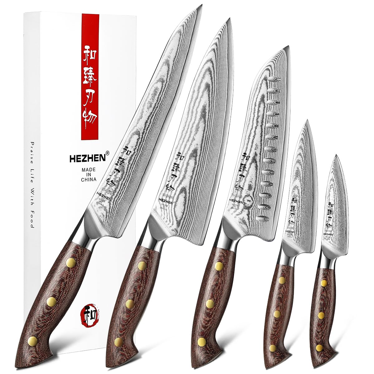 HEZHEN Damascus Chef Knife Set, 67 Layers Damascus Steel, 5PCS, Ultra Sharp, Professional Kitchen Knife Set for Chefs and Home Cooking, Ergonomic Micarta Handle, Gift Packing