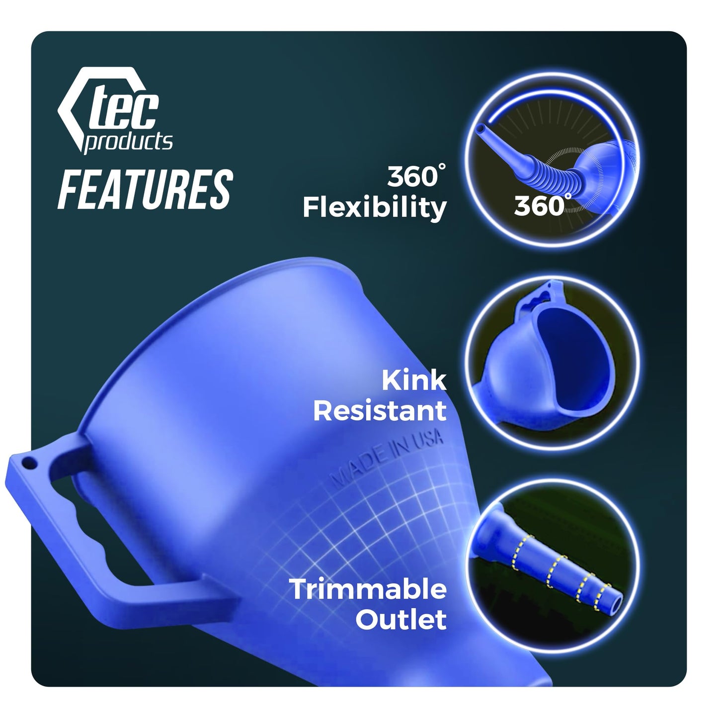 TEC Products FlexAll Long Flexible Funnels - Automotive Oil Funnel with Hose, Durable Nitrile Rubber for Oil Change, Transmission Funnel Fluid, Diesel, Fuel, Gas - Made in USA - Blue (12 x 4 Inches)