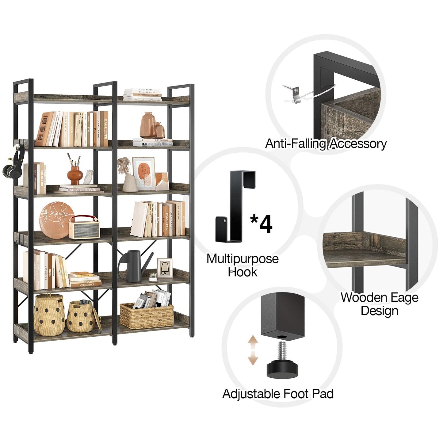 Seventable Bookshelf 6 Tier with 4 Hooks, 67” Industrial Wooden Bookcase, Vintage Storage Rack with Open Shelves, Rustic Standing Bookshelves Metal Frame 43.3” Wide Display Rack, Rustic Brown