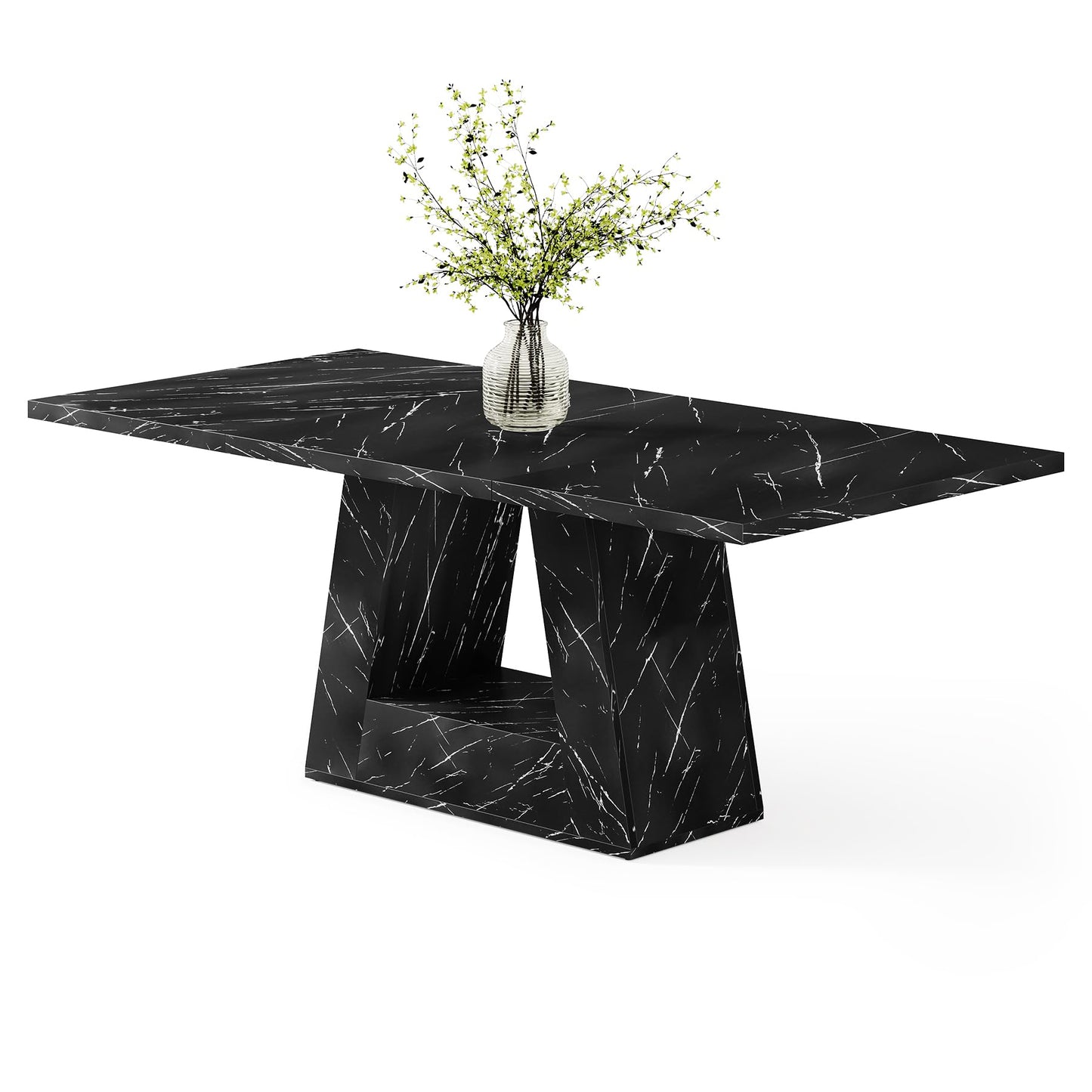 LITTLE TREE Dining Table for 4-6 People, 63 Inches Dining Room Table with Wooden Triangle Pedestal Base, Black Faux Marble Rectangle Dinner Kitchen Table for Dining Room, Kitchen, Living Room