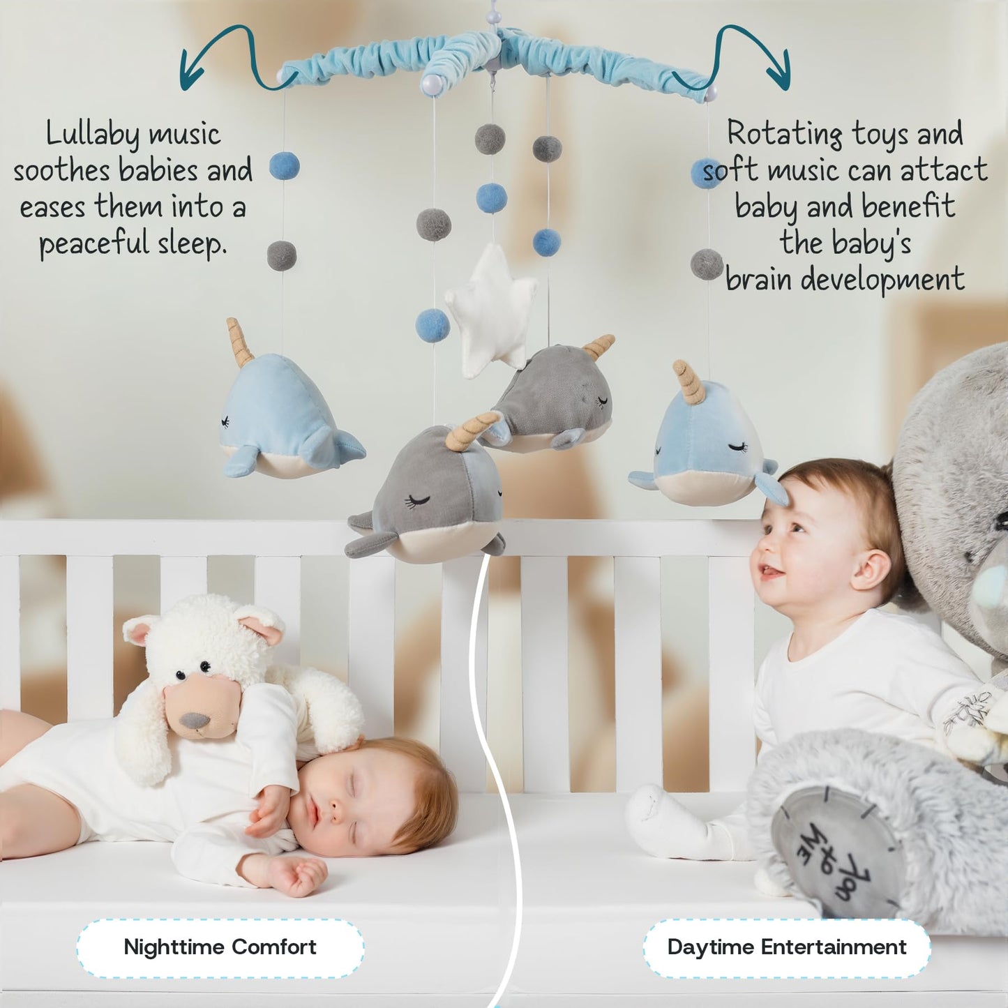 Crib Mobile for Boys and Girls, Whale Mobile Set with Mobile Arm and 12 Lullabies for Baby, Ocean Animal Nursery Decor, Bedside Bassinet Hanging Toys with Music (Narwhal)