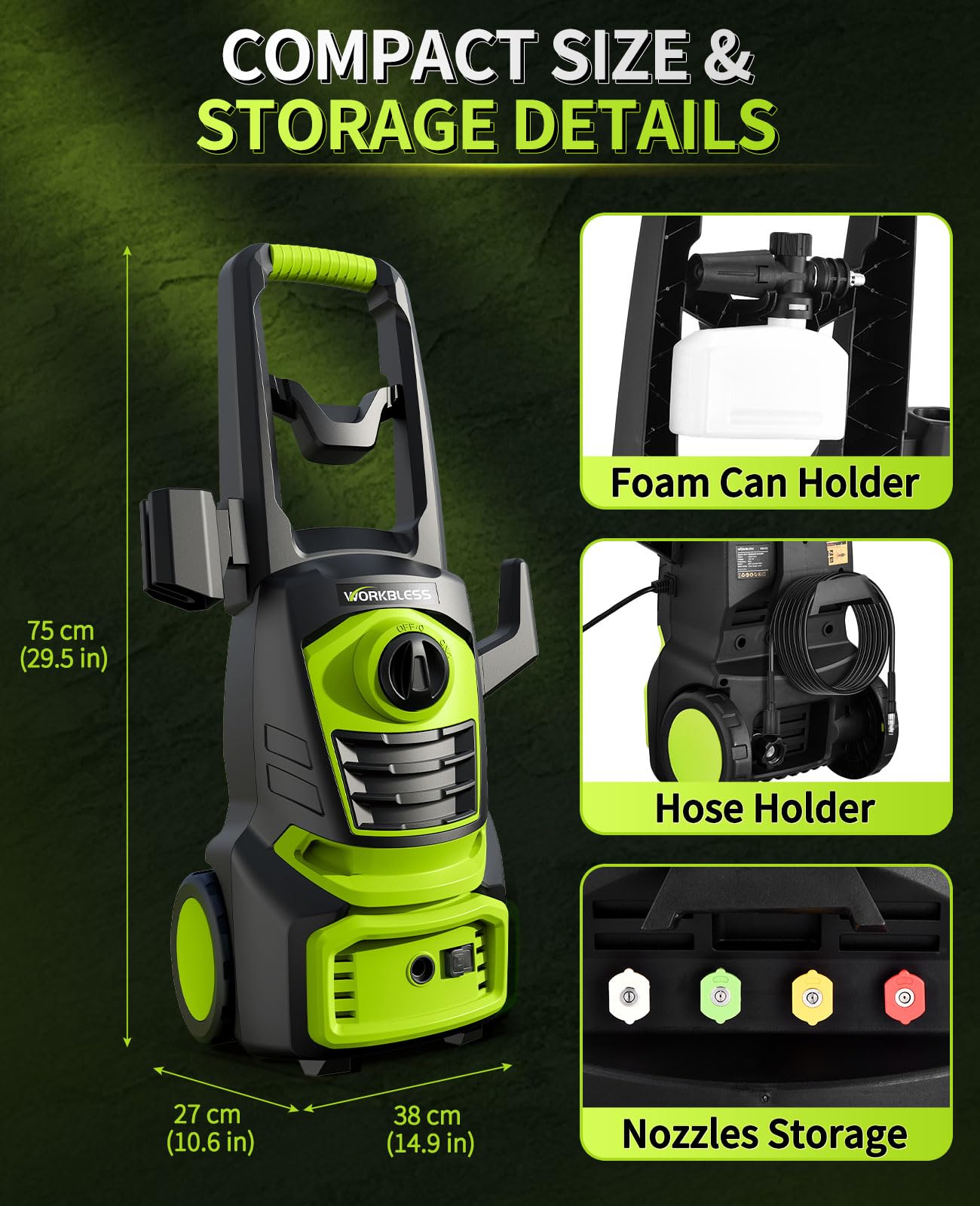 WorkBless Electric Pressure Washer, 1700 PSI Max 1.3 GPM Power Washer with 3 Nozzles, High Pressure Washer with Foam Cannon for Car, Driveway, Patios