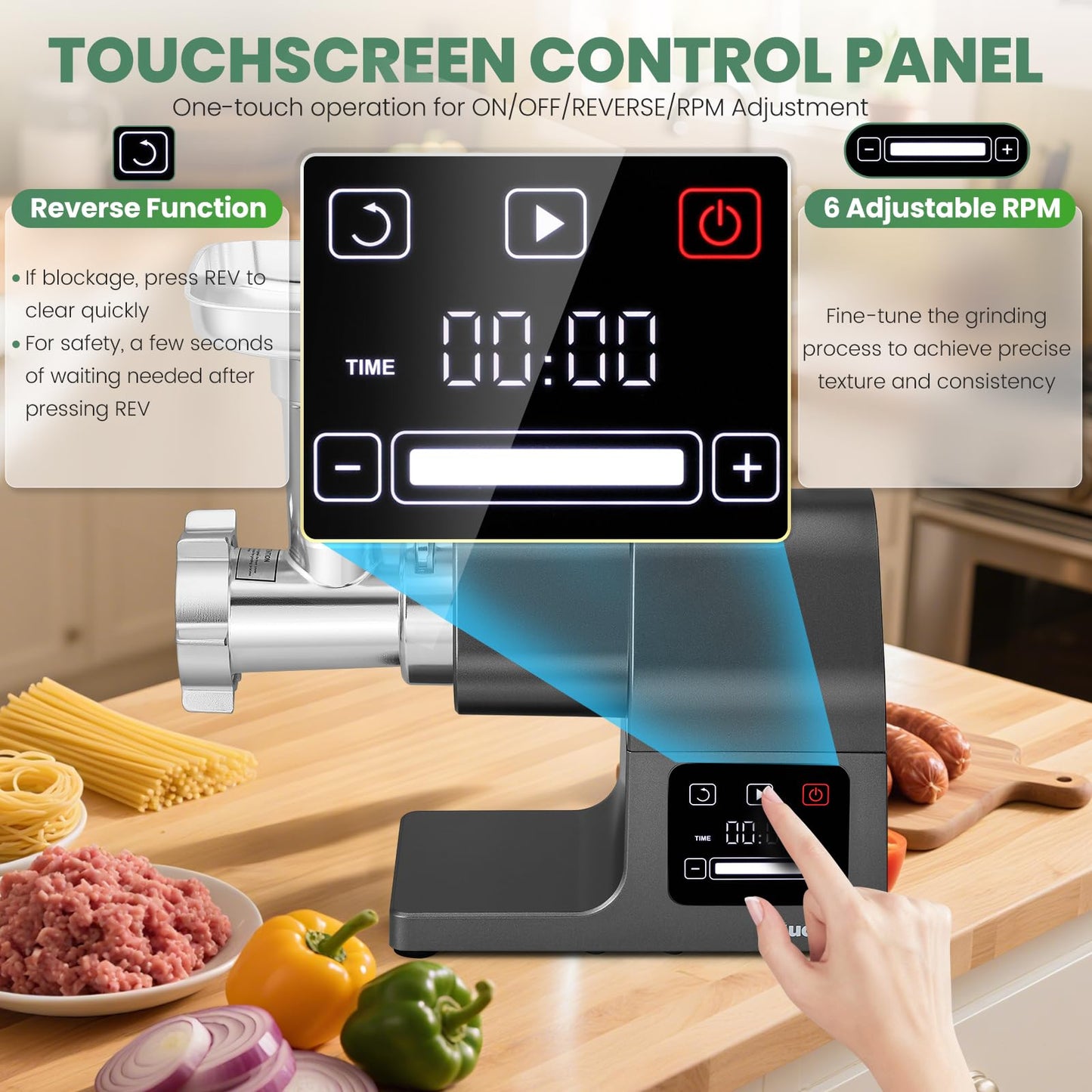 Electric Meat Grinder 2000W Heavy Duty, Touchscreen Control with 2 Blades, 3 Plates, Sausage Stuffer & Kubbe Kit, #10 Size for Home Use