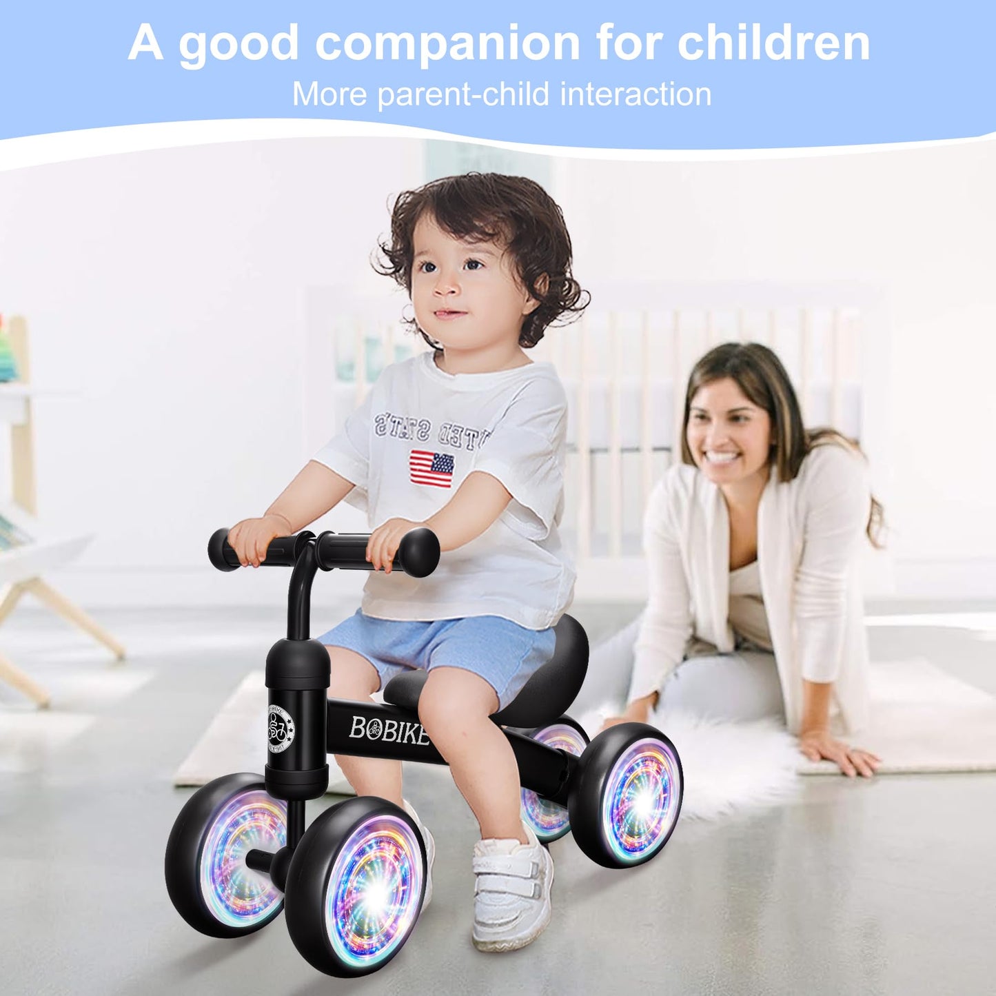 Bobike Baby Balance Bike Toys for 12-36 Months Kids Toy Boy and Girls Gifts Toddler Best First Birthday Gift Children Walker No Pedal Infant 4 Wheels Bicycle (Colorful, Black-Light)