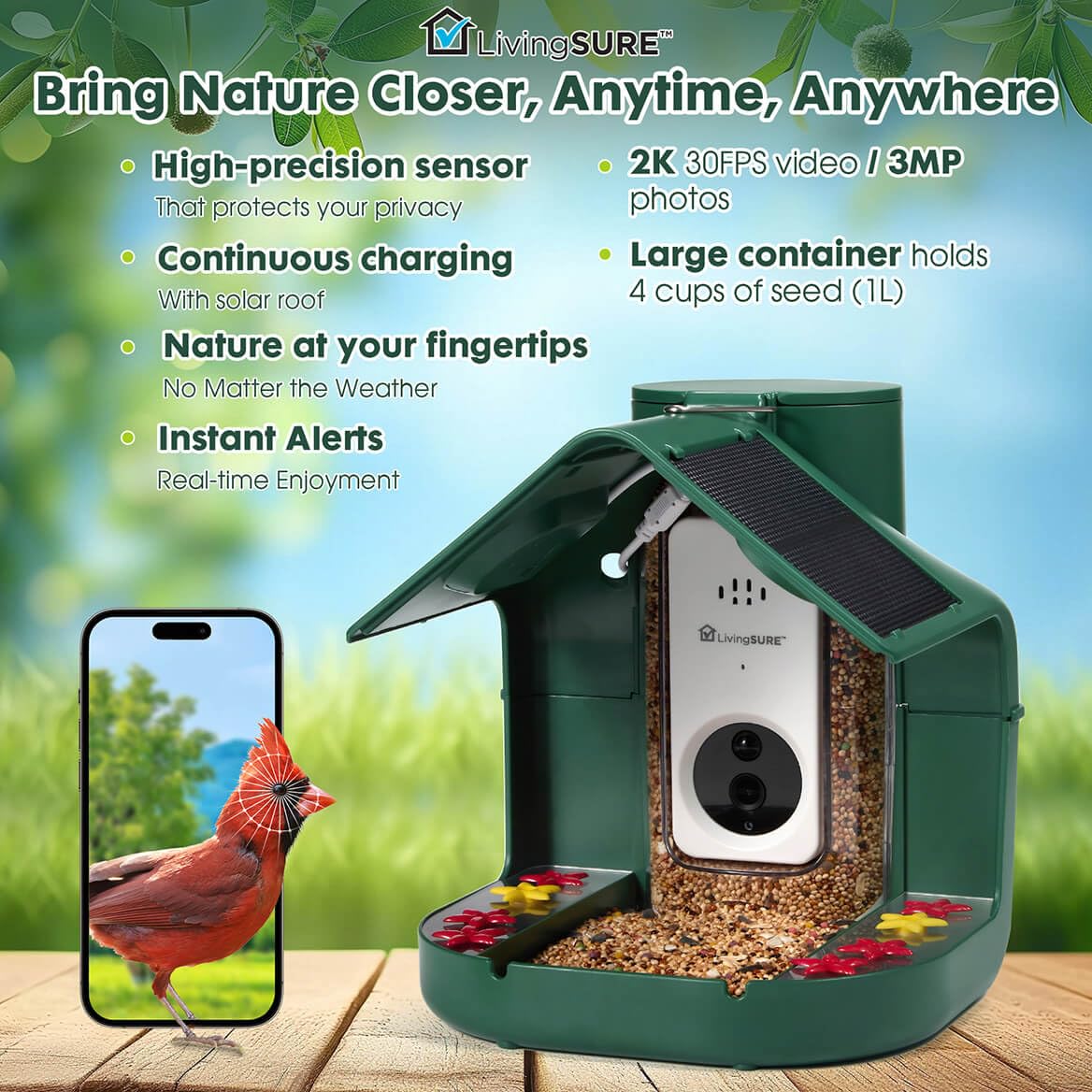 LivingSURE 2-in-1 Smart Bird Feeder with Camera Outdoor Solar Powered Smart Birdfeeder Live Stream Video Camera with AI Recognition for Outside Wild Birds Garden Decor - Bird Lover Gifts