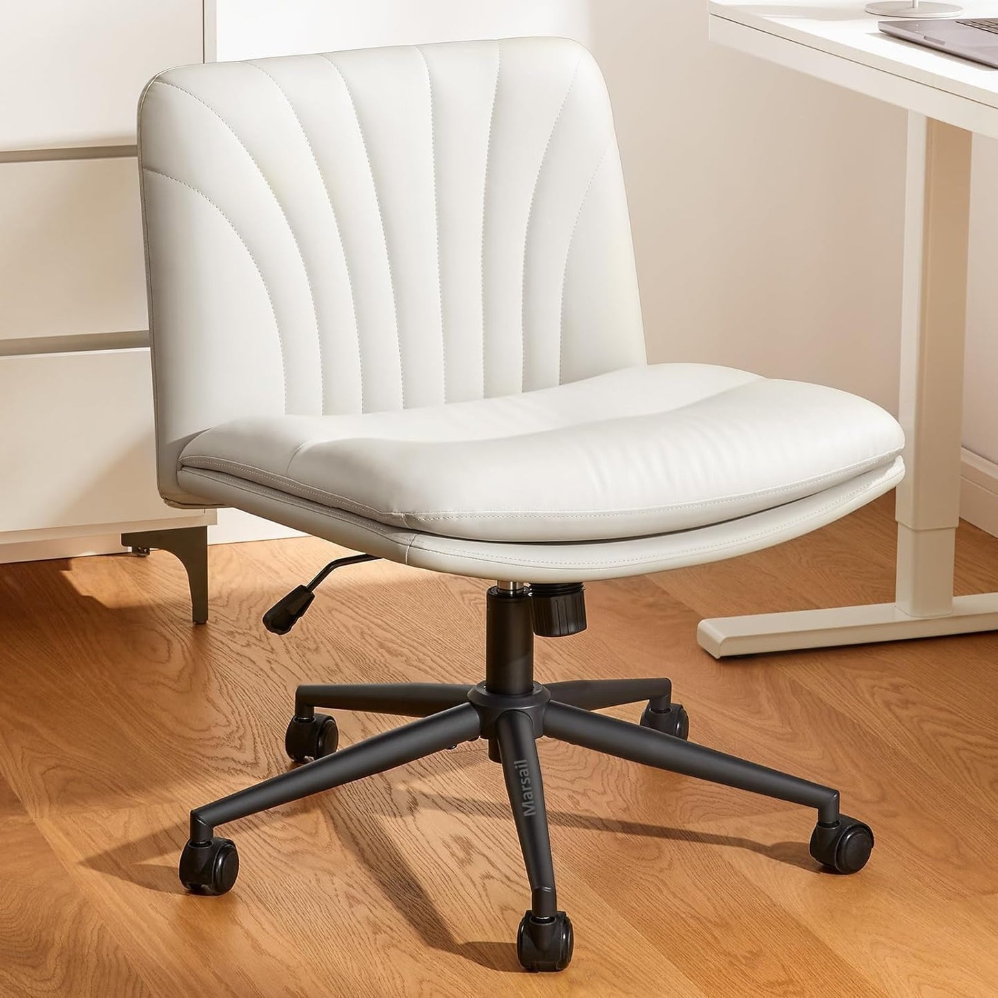 Marsail Armless-Office Desk Chair with Wheels: PU Leather Cross Legged Wide Chair,Comfortable Adjustable Swivel Task Chairs for Home,Office,Make Up,Small Space,Bed Room(Light Beige)