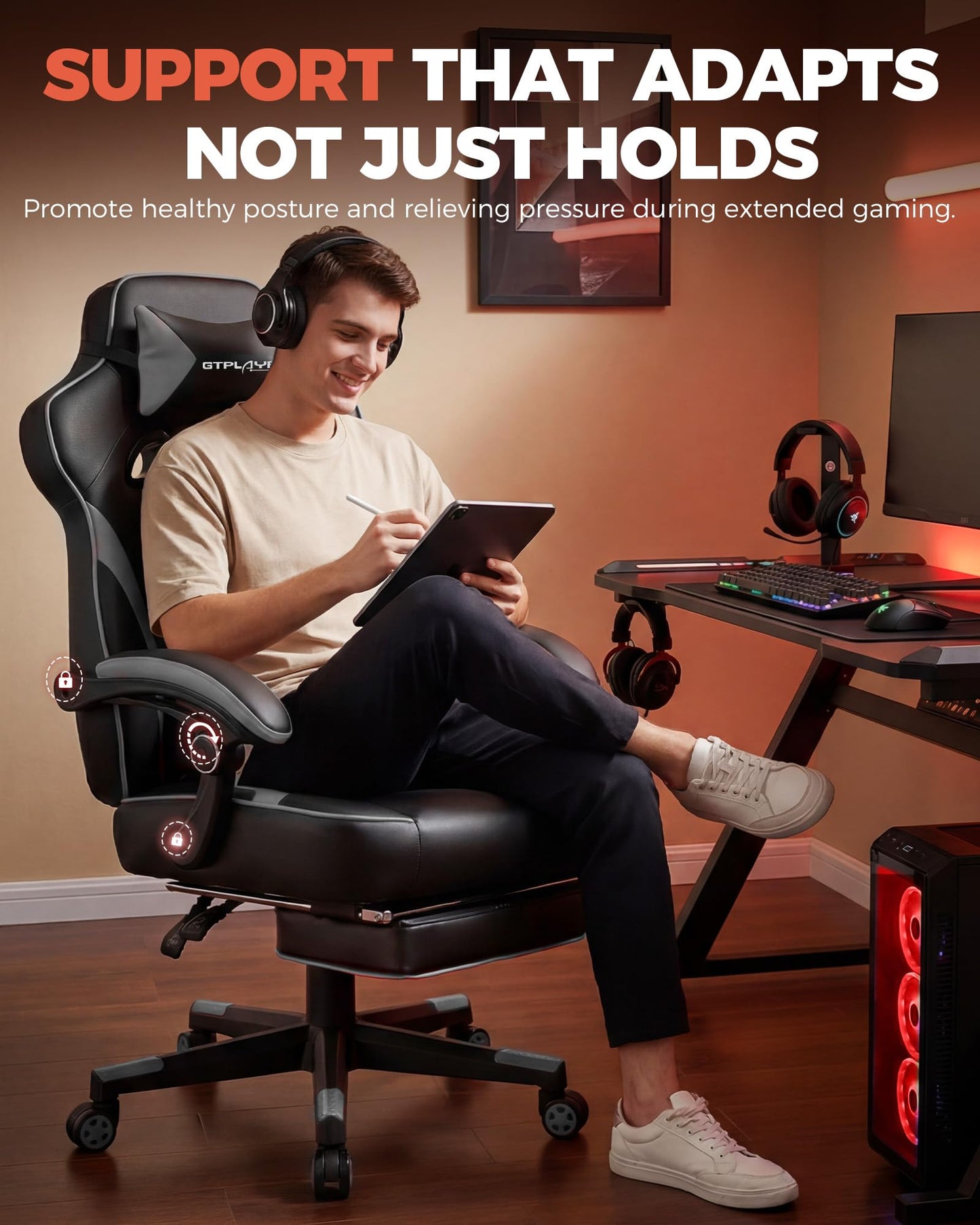 GTPLAYER Gaming Chair with Footrest, Big and Tall Game Chair 350lb Racing Style Computer Chair, Ergonomic Executive Office Chair High Back with Lumbar Support and Recliner, Light Gray