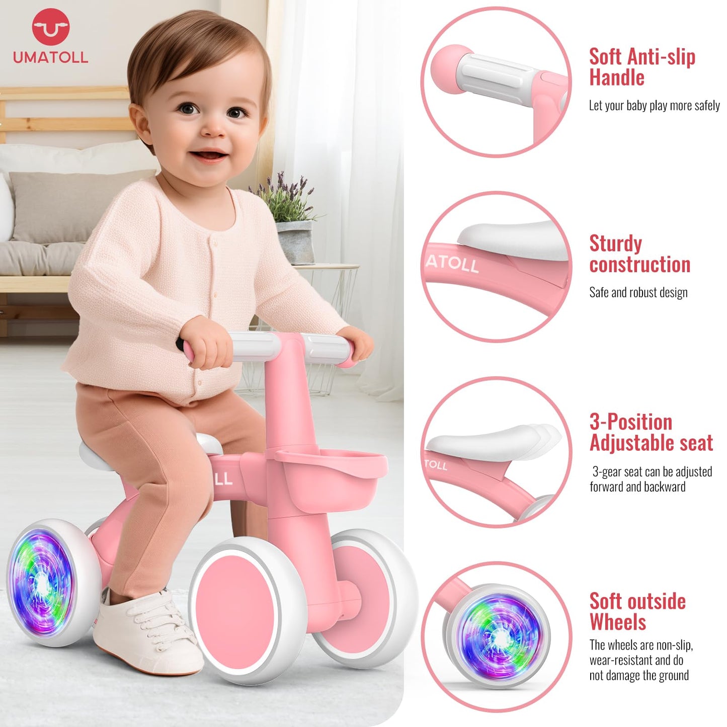 Umatoll Colorful Lighting Baby Balance Bike Toys for 1 Year Old Girl Gifts, Adjustable Seat, First Birthday Gifts, 12-24 Months Toddler Bike, New Pink