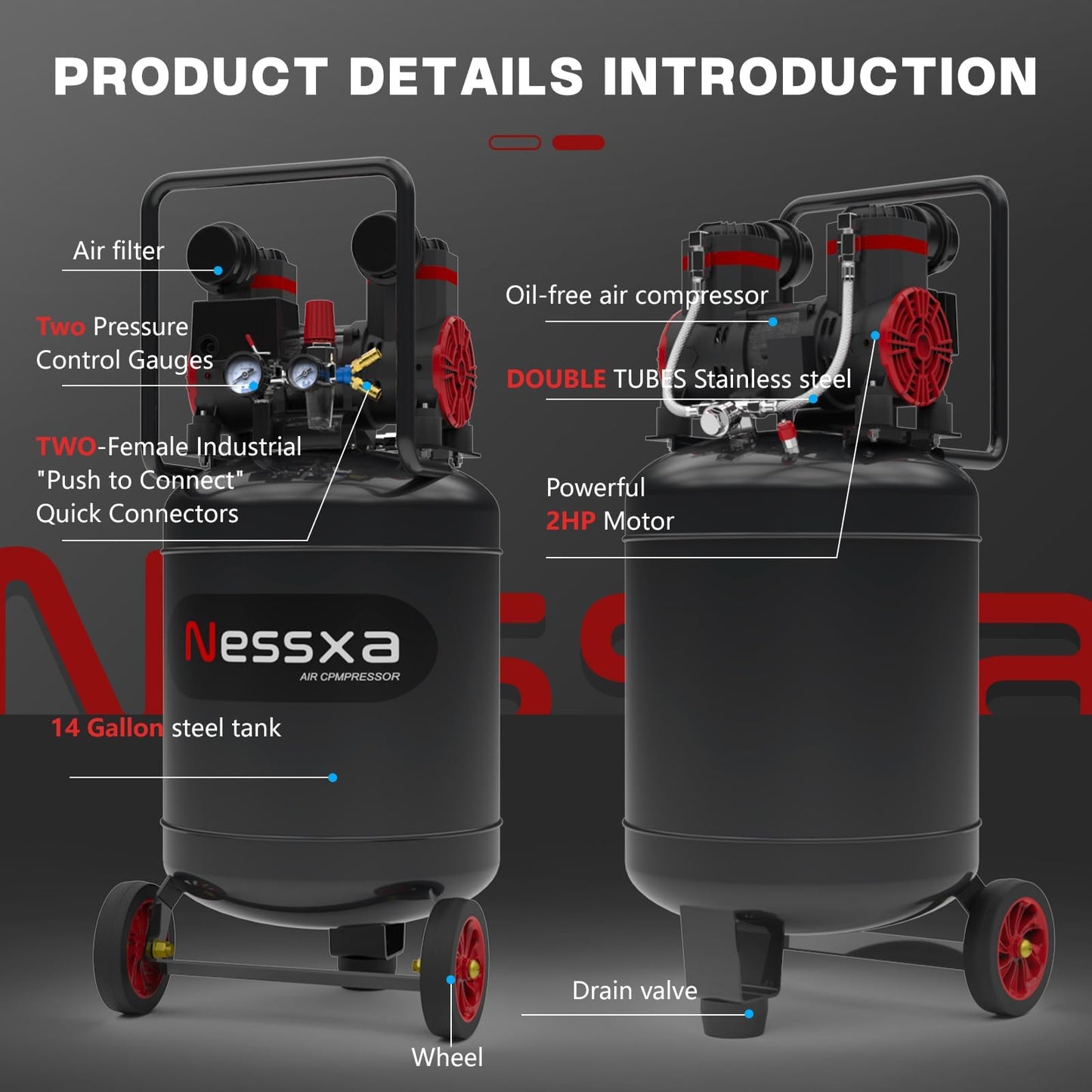 Nessxa 14 Gallon Ultra Quiet Air Compressor with 2 Quick Couplers 2HP 8.75 CFM, Max 115 PSI Pressure Oil-Free Air Compressor Tank, 70dB Quiet Compressor for Auto Repair, Tire Inflation 110V/60hz